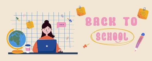 Wide banner with female student at desk and back to school typography in pastel colors. Ideal for school landing pages, education blogs or learning platforms. vector