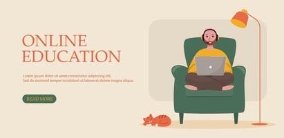 Man learning from home in cozy armchair with laptop. Flat illustration banner for online education, digital training and remote study. vector
