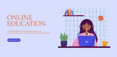 Female student in cozy home interior attending online education session. Flat banner illustration for remote learning and digital schooling promotion. vector