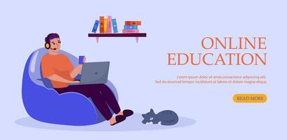 Online education concept with young man sitting on bean bag and using laptop. Banner for remote learning, digital courses and study from home. vector