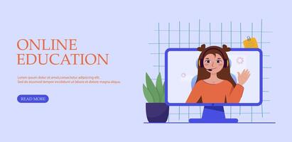 Online Learning Concept with Female Teacher on Computer Screen Virtual Education and E Learning Class. Business concept illustrations. Modern flat style. vector