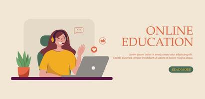 Smiling girl greeting teacher during online learning session. Teacher greeting student online class. Education banner for distance learning, online school interaction. vector