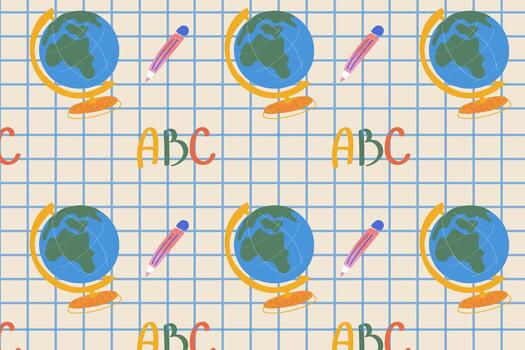 Cute Pattern with Globes ABC Letters and Pencils on Grid Paper Back to School Design for Children and Educational Projects vector