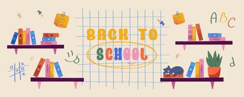 Horizontal banner with bookshelves, ABC letters and colorful back to school text. Great for web banners, newsletters and education themed site headers. vector