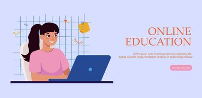 Flat design banner of online education with female student at laptop. Distance learning and e learning concept for website header or social media ad. vector