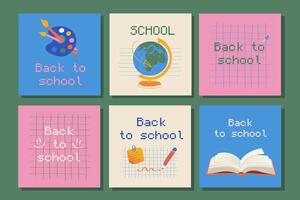 Back to school banner set with books, globe, palette and pencil. Hand-drawn style illustrations for cards, flyers and promotional materials on college, school themes. Pixel art style vector