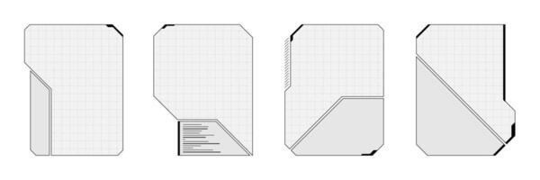 Futuristic game HUD with white and black panels, glowing neon frames and abstract VR interface. Cyberpunk screen layout blends tech signs, sci fi elements and gamer dashboard. vector