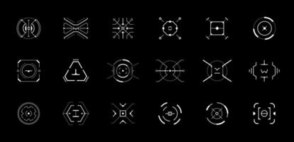 Futuristic HUD target interface set with circular aim indicators, digital compass and crosshair graphics. Tech style elements for sci fi dashboard, game UI or radar control design. vector
