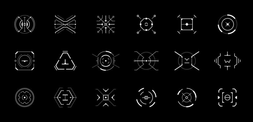Futuristic HUD target interface set with circular aim indicators, digital compass and crosshair graphics. Tech style elements for sci fi dashboard, game UI or radar control design.