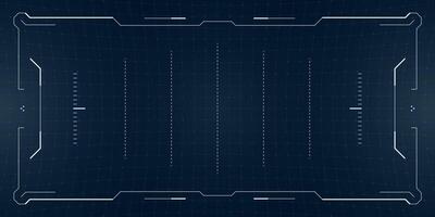 Glitchy futuristic HUD with radar targets and cyberpunk UI in bright blue. Tactical interface simulates distorted VR drone footage over a sci fi grid background. vector