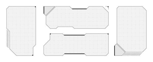 Futuristic HUD interface set with glowing cyber frame and abstract border. Tech dashboard blends digital lines, VR buttons and infographic elements for sci fi control screen design. vector