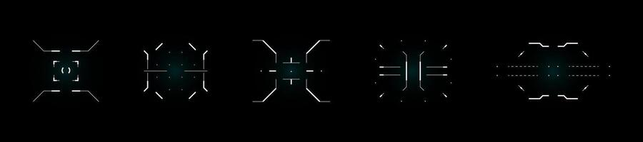 Futuristic HUD interface with target focus, compass and crosshair icons. Digital tech set for sci fi UI, game display, radar screen or control panel. Blue cyber elements and data graphics. vector
