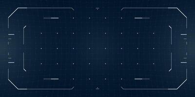 Futuristic cyberpunk HUD overlay with glowing target reticle, glitch effects and digital frame. Tactical interface blends VR, drone cam and sci fi elements on a blue tech blueprint background. vector