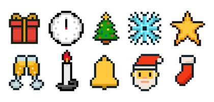 Set of 10 pixel art New Year and Christmas icons isolated on white background vector