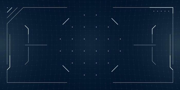 Futuristic game HUD with holographic scope and aim reticle over a VR blueprint. Glowing digital screen displays sci fi radar and grid layout in cyber style. vector