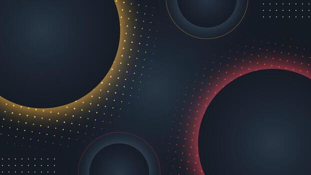 Dark abstract background featuring red and gold halftone circles and modern geometric shapes ideal for elegant designs presentations and digital art projects vector