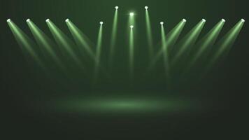 Dynamic green stage lights background featuring bright spotlights perfect for events shows presentations concerts advertising visuals and modern creative design projects vector