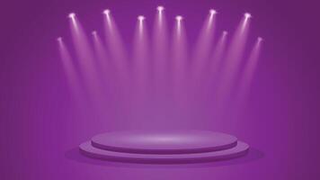 Vibrant purple podium with multiple glowing spotlights ideal for product display, events, promotions, shows and stylish digital design projects. vector