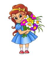 Cute little girl with a bouquet of flowers. illustration isolated on white background vector