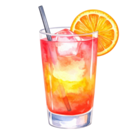 Vibrant watercolor illustration of a refreshing gradient cocktail with ice, an orange slice, and a straw, perfect for summer menus or beverage designs. png