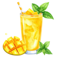 A vibrant yellow mango smoothie in a glass, garnished with mango pieces and fresh mint, perfect for a healthy and refreshing summer beverage. png
