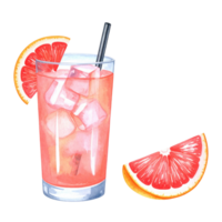 A vibrant watercolor illustration depicts a refreshing pink grapefruit cocktail with ice cubes and a citrus slice, perfect for summer drink menus or healthy beverage concepts. png
