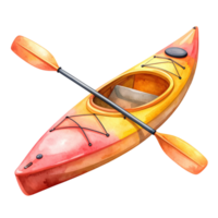 Watercolor kayak with paddle, isolated on transparent background, for water sport, recreation and summer activity concepts. png