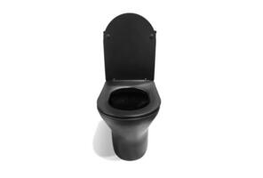 Front view of black toilet bowl with open lid on white background. photo