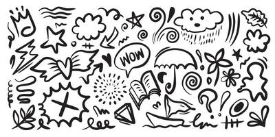 Cute kid scribble doodle icons set. Hand drawn childish funny simple illustrations. Flower, heart, cloud, umbrella, crown and other vector