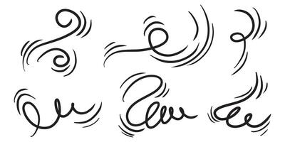 Doodle wind line sketch set. Hand drawn doodle wind movement, air blowing, swirl. Sketch of air blowing movement, abstract lines. vector