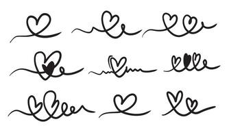 Heart line art and heart swirl set, hand drawn love symbols isolated on white background. vector