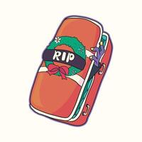 Cute funny coffin cartoon with RIP sign and zombie hand coming out perfect for Halloween party invitations decorations apparel prints spooky creative sticker designs and fun celebration projects vector