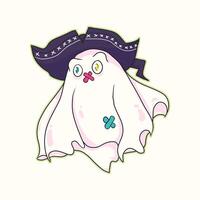Cute ghost wearing a pirate hat with funny expression and colorful patches perfect for Halloween party invitations decoration apparel prints stickers and creative spooky designs vector