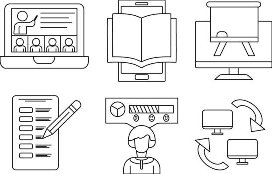 Online learning icon set. Line icons featuring screen sharing, quiz sheet, e-book, course progress, virtual whiteboard, and tutorial. Editable stroke. vector
