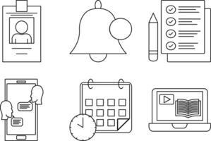 Student dashboard icon set. Includes profile badge, notification bell, assignment list, chat, calendar, and course overview. Editable stroke. vector