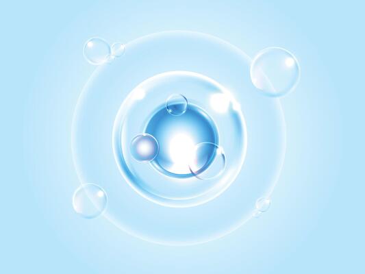 Realistic transparent soap bubbles with light reflections on a soft blue background. Perfect for skincare, cleaning, cosmetic or freshness concepts in advertising and design.