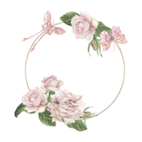 Round frame decorated with delicate pink roses and butterflies. The watercolor illustration is hand-drawn in a botanical style in a pastel color scheme. For wedding design, packaging, postcards png