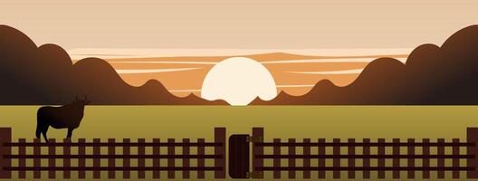 illustration of sunset, evening mountains, cattle farm, dry grassland. vector