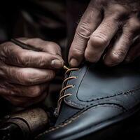 Closeup view of hands of craftsman lace black leather shoes in workshop. Dedication work, process of making unique handmade shoes. Materials and seams, profession, shoemaking photo