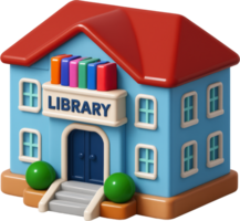 Stylized 3D library building with colorful books and red roof png