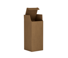 A Brown open-top cardboard box with a partially lifted lid for packaging and product mockups. 3d Illustration png