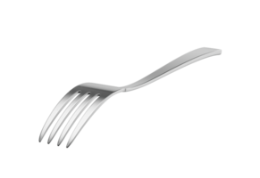 A sleek stainless steel fork with a finish and a slightly curved handle. 3D Illustration png