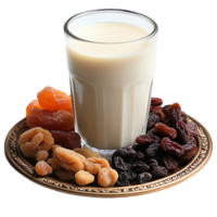 Glass of Milk with Dried Fruits Healthy Snack Platter Isolated On Transparent Background png