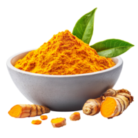 Turmeric Powder with Root and Leaves in Bowl Isolated On Transparent Background png