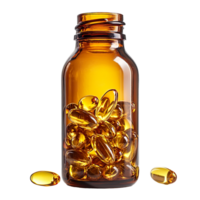 Amber Bottle Filled with Golden Softgel Capsules, Isolated On Transparent Background png