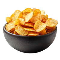 Crispy Potato Chips In Black Bowl Snack Food Isolated On Transparent Background png