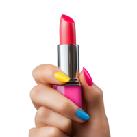 Colorful Lipstick in Hand with Vibrant Nails Isolated On Transparent Background png