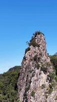 Drone footage captures the rugged beauty of Nimbin Rocks under clear blue skies, showcasing natural formations and lush greenery video