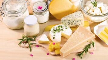Variety of cheeses and dairy items displayed video