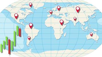Animation of a world map with dynamic candlestick charts illustrating global economic fluctuations and market trends over 20 seconds video